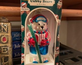 Vintage Cubby Bears  Skiier Christmas Ornament With Box European Style Blown Glass  Hand Crafted