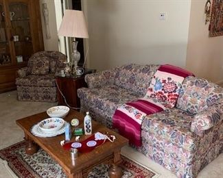 Sofa and chair, Oak coffee table, Oriental rug