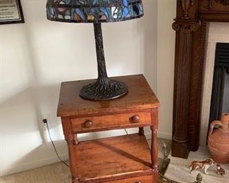 19th century Cherry lamp table, Stained glass table lamp