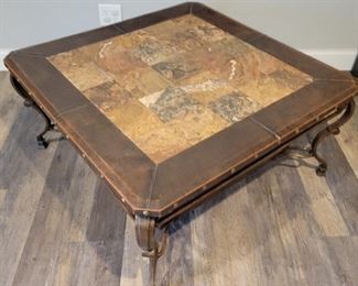$125 slate, leather and iron coffee table