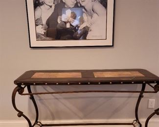 $125 Leather, slate and iron sofa table