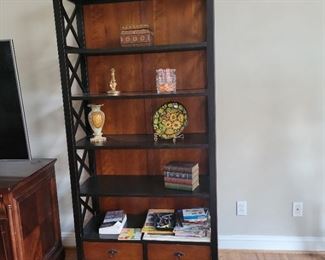 $175 Arhaus Montaigne adjustable six shelf bookcase with two bottom drawers. 37.5" wide 77" tall and 16" deep