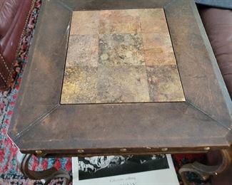 $125 iron, leather and slate end table