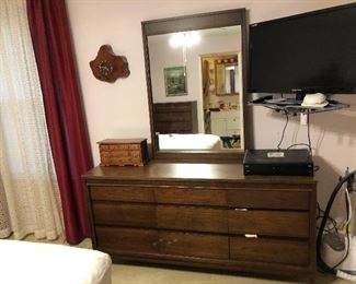 Mid-century dresser, tall boy bedside table and queen headboard and footboard 