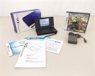 Cobalt Blue Nintendo DS Lite w/Original Box, Papers, Charger, and Monster Jam Game
