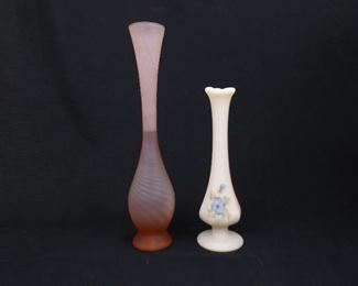 Hand Painted Fenton Custard Glass and Frosted Pink Lefton Bud Vases
