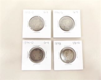 4 Late 1800's Barber Silver Quarters
