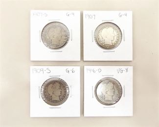 4 Early 1900's Barber Silver Quarters
