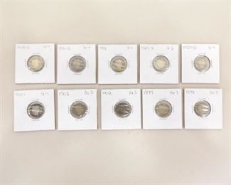 Lot of 10 Silver Barber Dimes
