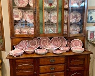 Antique English Buffet/Hutch with Stained Glass with Mason’s Vista Red & White Transferware