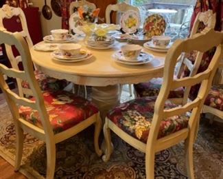 Distressed Round Pedestal Table with 7 Chairs