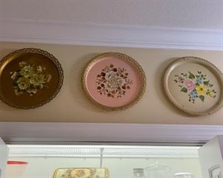 Vintage Metal Handpainted Tole Trays with open Lace Edge