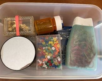 Plastic Container Full of Various Sized Wall Hooks Tacks Picture Hangers Anchors Nails Washers