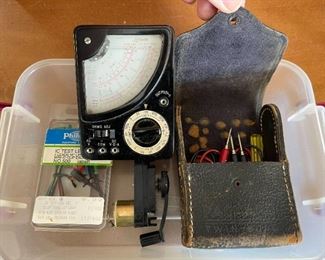 OHMS Meter with Vintage Leather Case IC Test Leads & Mini Test Motor