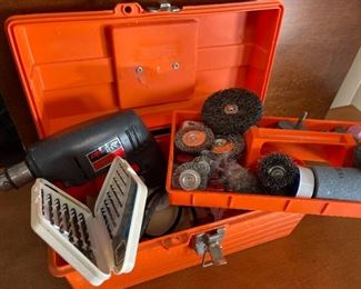 Skil 3/8" Drill 457 Standard Duty with Full Tool Box 90 Angle Drill Head Set of Drill Bits and Many Additional Sanding and Polishing Drill Bits