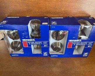 2 NEW Sets of Brinks Keyed Entry & Deadbolt Combo Pack with Exterior Locking Antique Brass