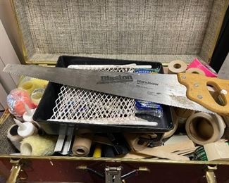 Brown Foot Locker Full of a Hand Saw & a Lot of Painting Supplies Rollers and Such