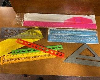 10 NEW Metal Square Plus Plastic Rulers and Stencils Neon Pink T and More in Very Good Condition