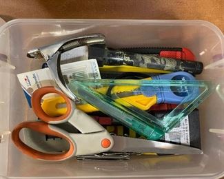 Plastic Organizer Box Full of Box Cutters Knife Flashlight 9 New Sabre Saw Blades Tape Measure and More
