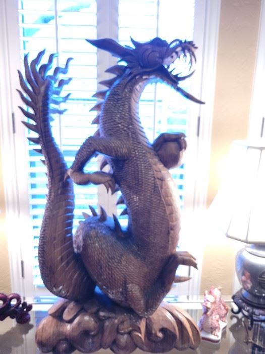 Hand carved wood dragon, 4 ft tall!