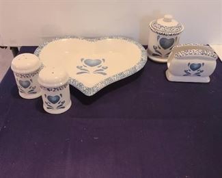 Heart shaped serving bowl, napkin holder, more. Matches cannister set in previous lot