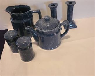 Blue pitcher, teapot, candle holders, s&p shakers