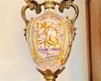 Brass ormulu mounted porcelain vase, one of pair 
