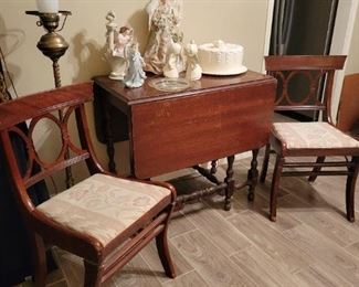  Drop Leaf Mahogany Dining Table, 2 Mahogany Dining Chairs, Floor Lamp and Collectibles  