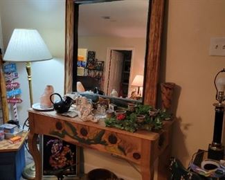 Carved Wood Entry Table with Mirror, Collectibles and Floor Lamp