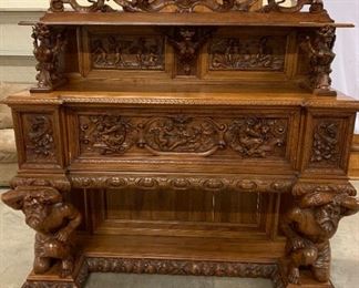 C19 Hand carved German Sideboard /  Hidden Secretary. 88"H x 79"W x 29"D.