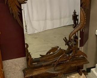 Antique European Wood Phoenix Pier Mirror w Marble (Rare!). 48"W x 89"H x 21"D.