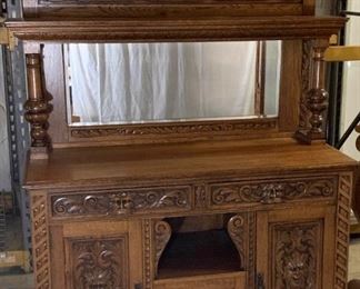 58"W x 81"H x 23"D. Antique Carved English Oak Sideboard.