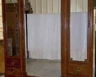 1920 Austrian Burl Elm Vanity / Wardrobe W Mirrors. 7'H x 71"W x 21"D.