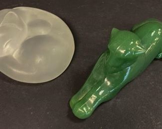 18	Two Art Glass Cats	2 unsigned art glass cats. Green 8"L
