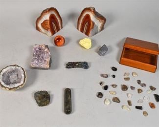 36	Collection of 8 Minerals and Gems	Collection of 8 mineral and gems. Amethyst geode, orange geode, and a labradorite obelisk and fragment, orange mineral globe, Sulfur, Silicon Carbide, Silicon, a clear crystal geode. Additionally a box of small assorted turned gems. Orange geode: 6" H x 7" W.
