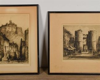 41	James Alphege Brewer & Albany E. Howarth Etchings	2 etchings. James Alphege Brewer (England, 1881-1946), Edinburgh Castle, pencil signed lower right J. Alphege Brewer, published by Alfred Bell & Co., with FATG (Fine Art Trade Guild) stamp lower left, 14 1/2" x 9 3/4" (with frame 20 5/8" x 15 5/8"); Albany E. Howarth (England, 1872-1936), Canterbury (West Gate), pencil signed lower right Albany E. Howarth, with FATG stamp lower right and additional info on verso, 10 1/4" x 11 3/4" (with frame 18 3/4" x 20 3/4"). No glass on either frame, both frames separating at corners, staining and discoloration to mats, foxing and discoloration to both etchings.
