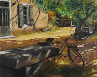 47	Pastel on Paper of Country Bicycle Scene	Pastel on paper of country bicycle scene. 1996. Signed "BAROL 96" lower left. Framing label on verso. Some tearing to backing of frame. Frame: 27 1/2" x 31 1/2" Sight: 19" x 23"
