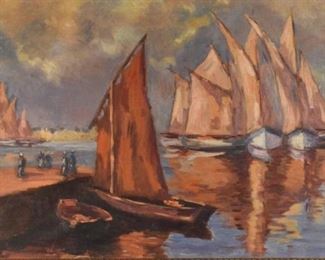57	R.Bouchard "Sailboats" Oil on Canvas	Oil on canvas, atmospheric congregation of sailboats on a water way. Signed lower right, "R. Bouchard". Illegible pencil inscription above the signature. Sight: 15 1/4" H x 28" W. Frame: 20 1/4" H x 30" W.
