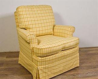 64	Upholstered Armchair	Custom upholstered armchair with yellow checkered upholstery, down cushion. 30" H x 31" W x 29" D
