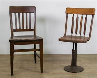 67	2 Wooden School Chairs	2 wooden school chairs. Taylor's Comfortable Chair, Bedford, Ohio; and chair on metal base. Chair 1 - 33 1/2" H X 17" W X 18" D, Chair 2 - 33 1/2" H X 14 1/2" W X 15" D. From the Roman and Williams designed 211 Elizabeth Street in New York City.
