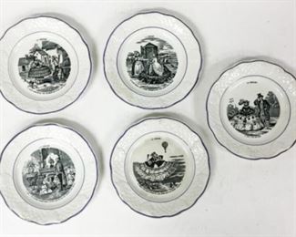 79	5 H.B. Porcelain Plates	5 Porcelain De Choisy black & white plates. Diameter: 7 3/4"
