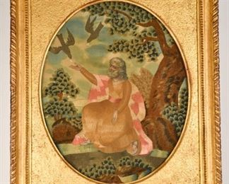 96	Elijah Being Fed by Ravens Framed Needlework	Elijah on the banks of the Kerith Ravine, given bread by ravens. 19th century silk and wool needlework within a gilt wood frame. Sight: 14" H x 11 1/2" W. Frame: 18 1/2" H x 15 1/2" W.
