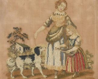 97	Needlework Panel, Portrait of a Lady	Needlework / petit point, Lady and her daughter accompanied by a dog. Discoloration to thread. Sight: 8 3/4" H x 8 3/4" W. Frame: 10" H x 10" W.
