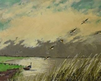 105	Oil Painting of Marshland and Ducks	Oil on canvas of a boat in marshland with ducks flying overhead signed D'Angelo. 29 1/2" Tall 39 1/4" Wide. Frame scraped, worn and dented.
