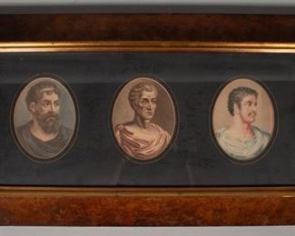 118	Engravings of Greek Figures	Framed engravings of 3 Greek figures. Sight: 7" x 16 1/2" Frame: 12" x 21 3/8".

