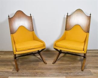 133	Pair of John Stuart Scissor Chairs	Pair of John Stuart scissor chairs. American, Mid 20th Century. Canary yellow upholstered seating and cushion, wooden back with finials. Tag on seat says "JOHN STUART/ ERWIN LAMBETH EXPECTIONAL FURNITURE." Cushion stuffing is deteriorating. 40" H x 23" L x 27" D
