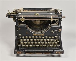 156	Underwood No. 5 Typewriter	Underwood Typewriter Company (American, New York, 1895-1963). Underwood Number 5 typewriter. 11"W x 12"D x 9"H. Untested. Minor losses and wear.
