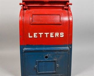 160	US Postal Service Letters Mailbox	U.S. Postal Service letters mailbox, pull down opening, door pull for retrieving mail, painted red and blue with white lettering. Marked on side: Carlisle Foundry Co. Carlisle PA. Some wear to paint. 24" H x 15 1/2" L x 9 1/2" D
