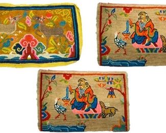 182	Lot of Three Door Mats	Lot of three door mats. Two Chinese wise men with zodiac animals, and one mat with donkeys and flowers. Largest item in lot: 28" x 16"
