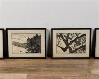 188	4 Aoyama Masaji Woodblock Prints	Aoyama Masaji (Japanese, 1893-1969) 4 woodblock prints; a black cat and 3 landscape scenes. Sight: 6 1/2" x 9". Frame: 9 1/2" x 12 1/4". Black cat print loose in frame. Each stamped with artists seal.
